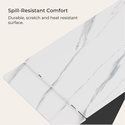 Extendable white sintered stone dining table top with gray marble veining and spill-resistant comfort text