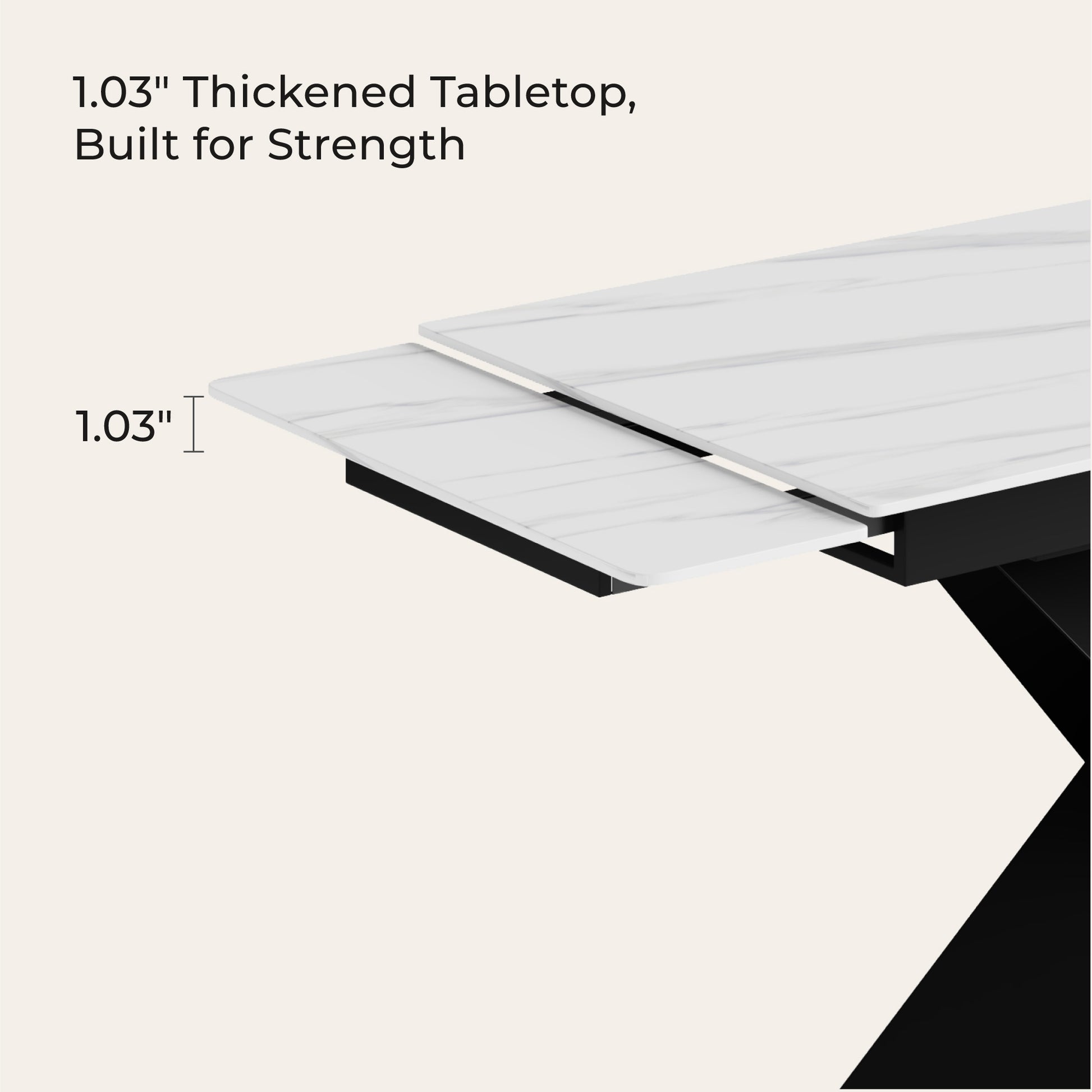 1.03-inch thick sintered stone tabletop on extendable dining table with X-shaped base