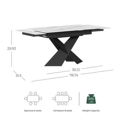 Extendable sintered stone dining table with black X-shaped steel base, 6–8 seat capacity