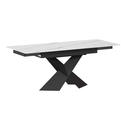 Extendable dining table with white sintered stone top and black X-shaped steel base