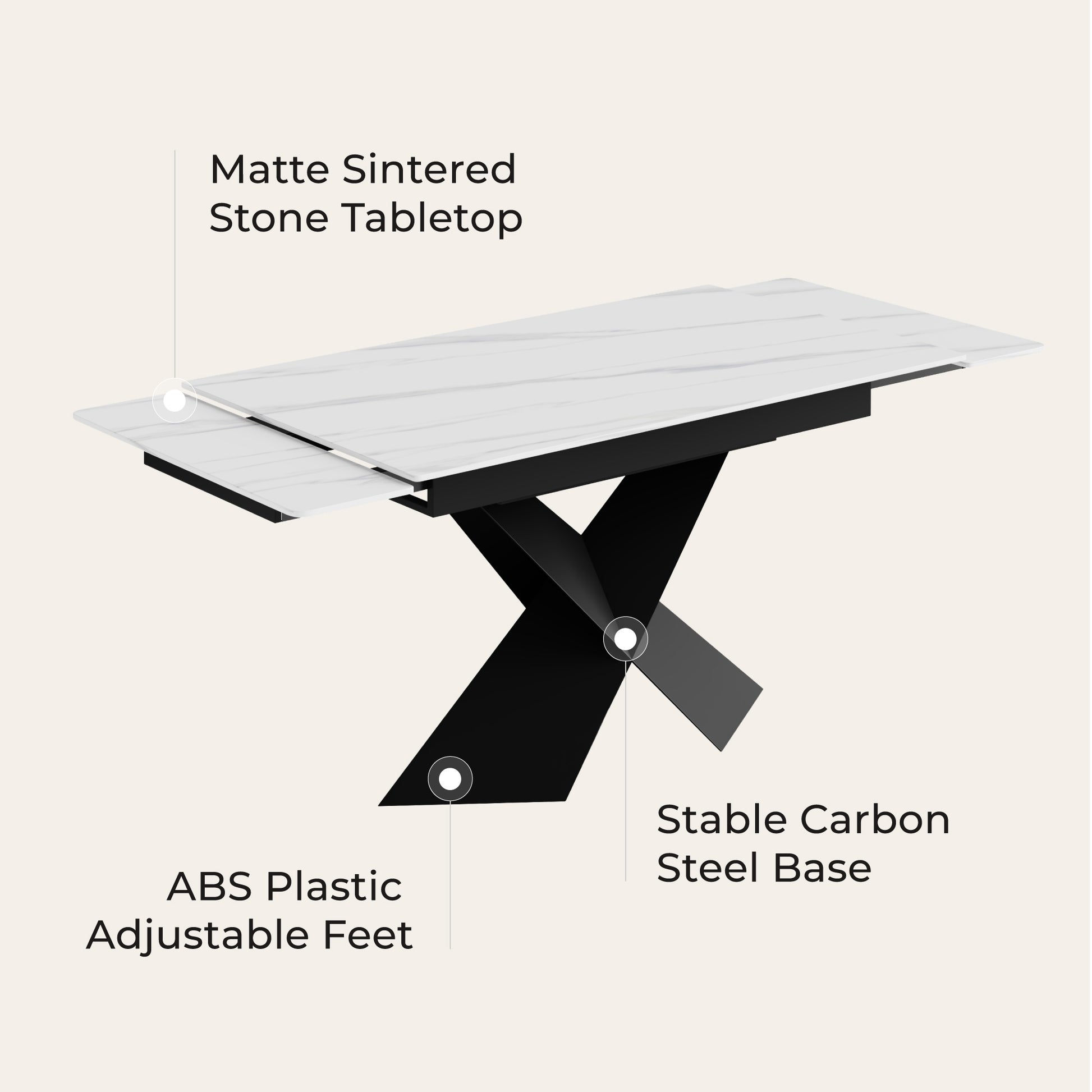Sean extendable dining table with matte sintered stone tabletop and black X-shaped carbon steel base