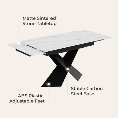 Sean extendable dining table with matte sintered stone tabletop and black X-shaped carbon steel base