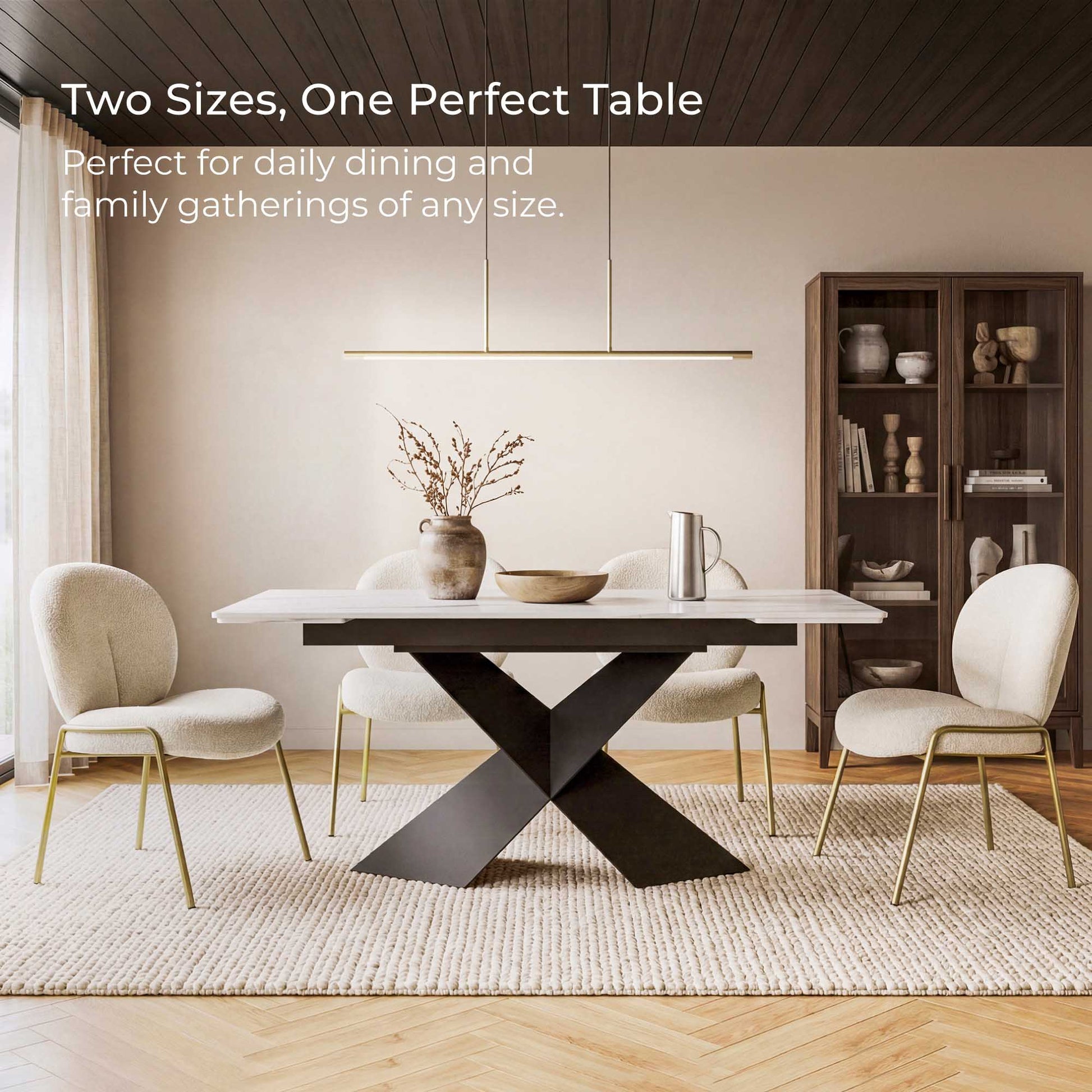 Sean extendable sintered stone dining table with black X-shaped base in modern dining room