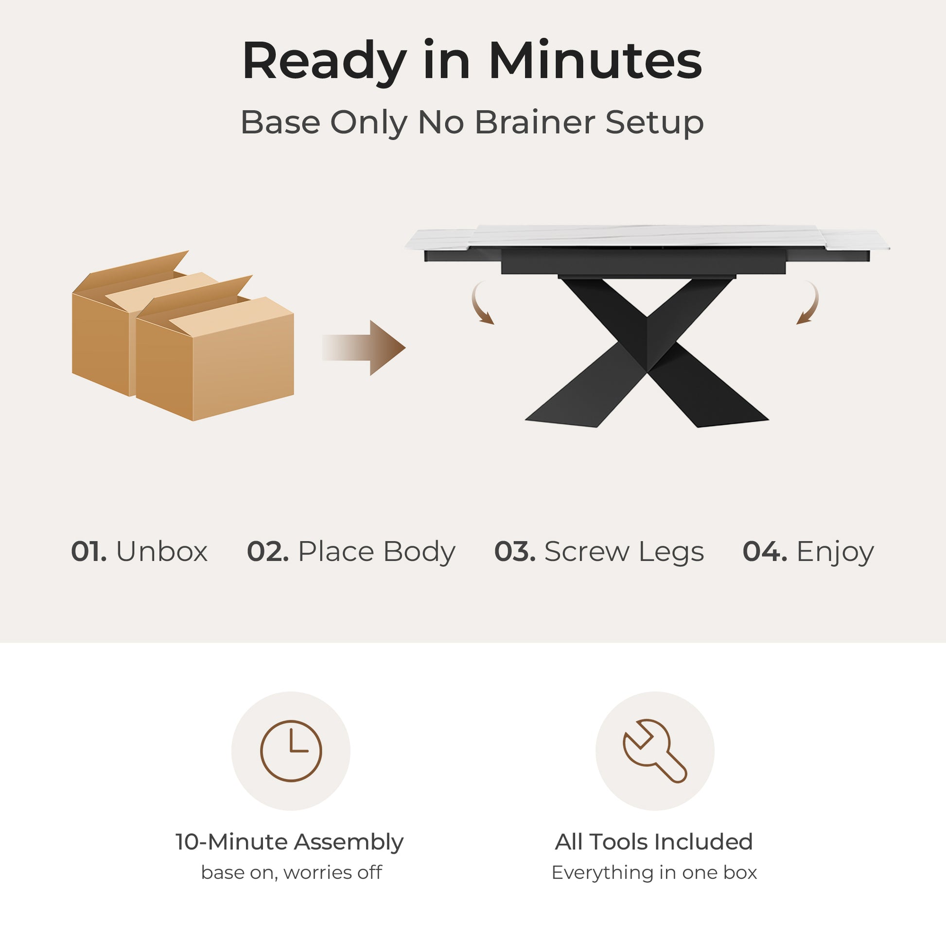 Ready in Minutes graphic for extendable dining table, showing 10-minute base-only assembly and all tools included