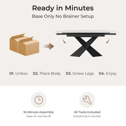Ready in Minutes graphic for extendable dining table, showing 10-minute base-only assembly and all tools included