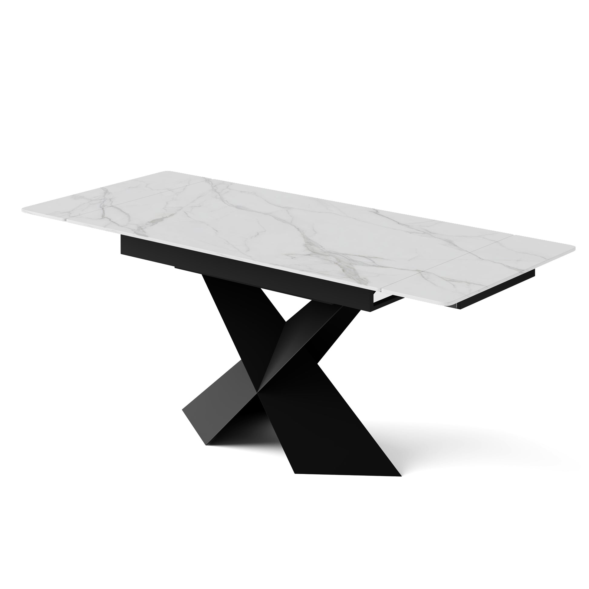 Extendable dining table with white sintered stone top and black X-shaped steel base