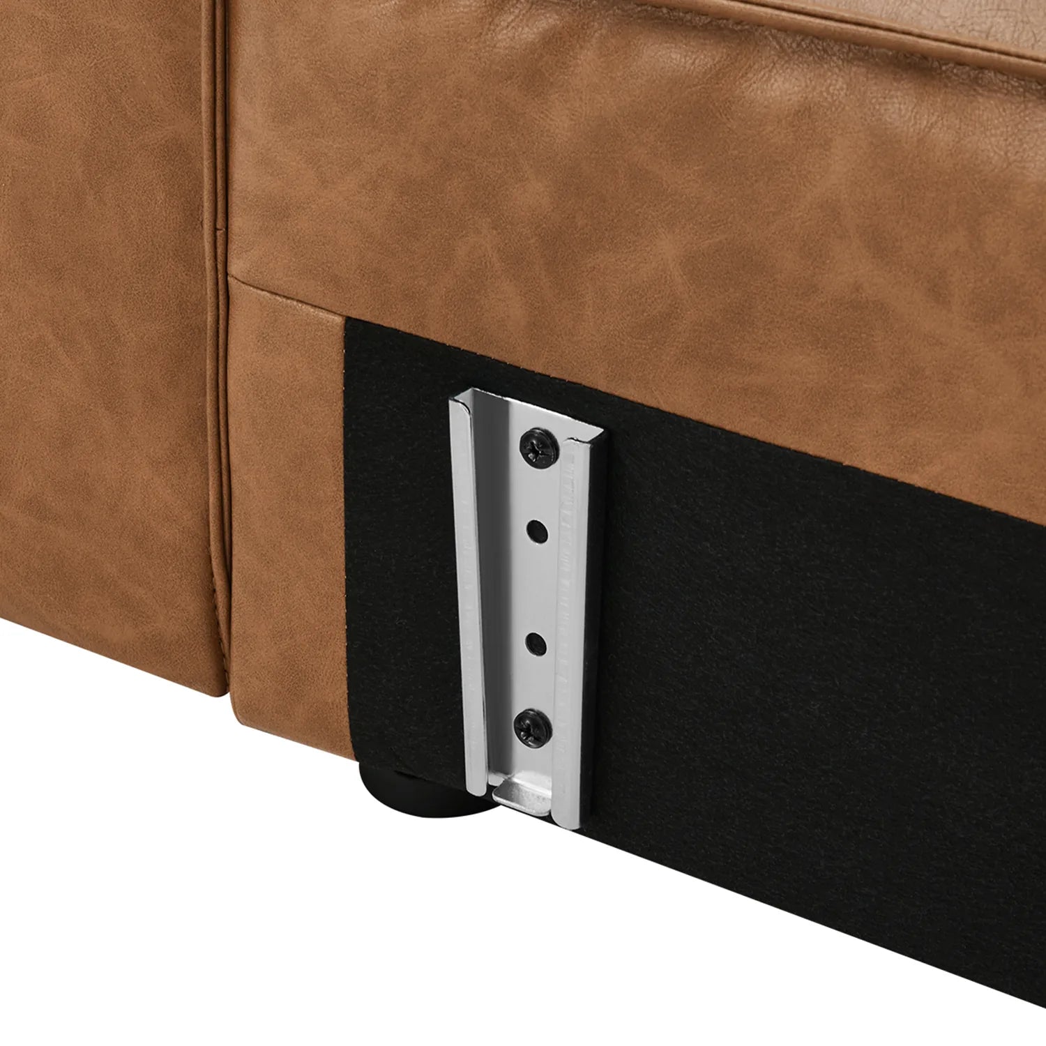 Close-up of a brown leather sofa with a metal bracket on a white background