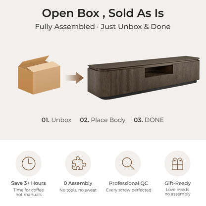 Fully assembled 79-inch Moore TV stand in dark brown oak with reeded detail, ready to unbox.