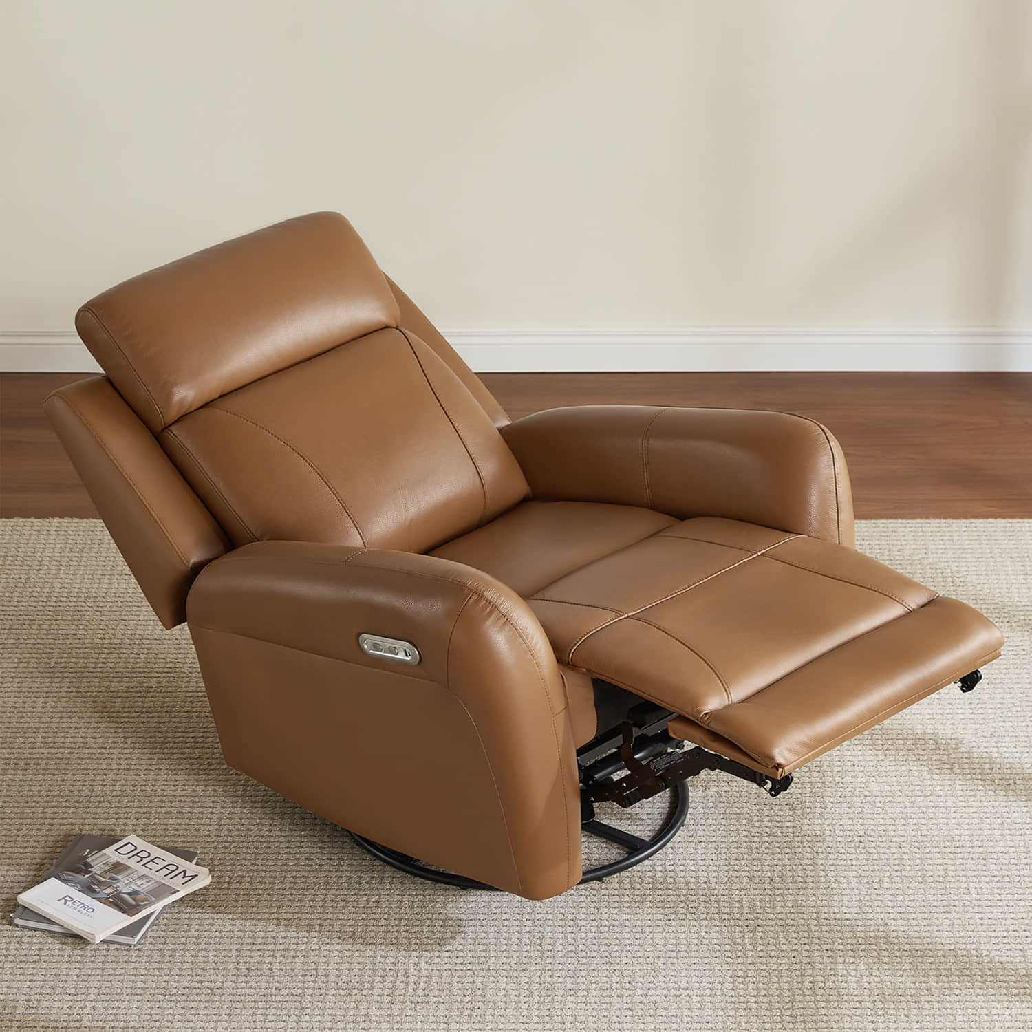Brown leather recliner chair on a carpeted floor with a neutral wall background