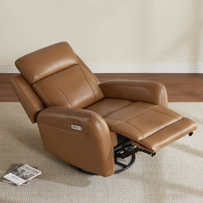 Brown leather recliner chair on a carpeted floor with a neutral wall background