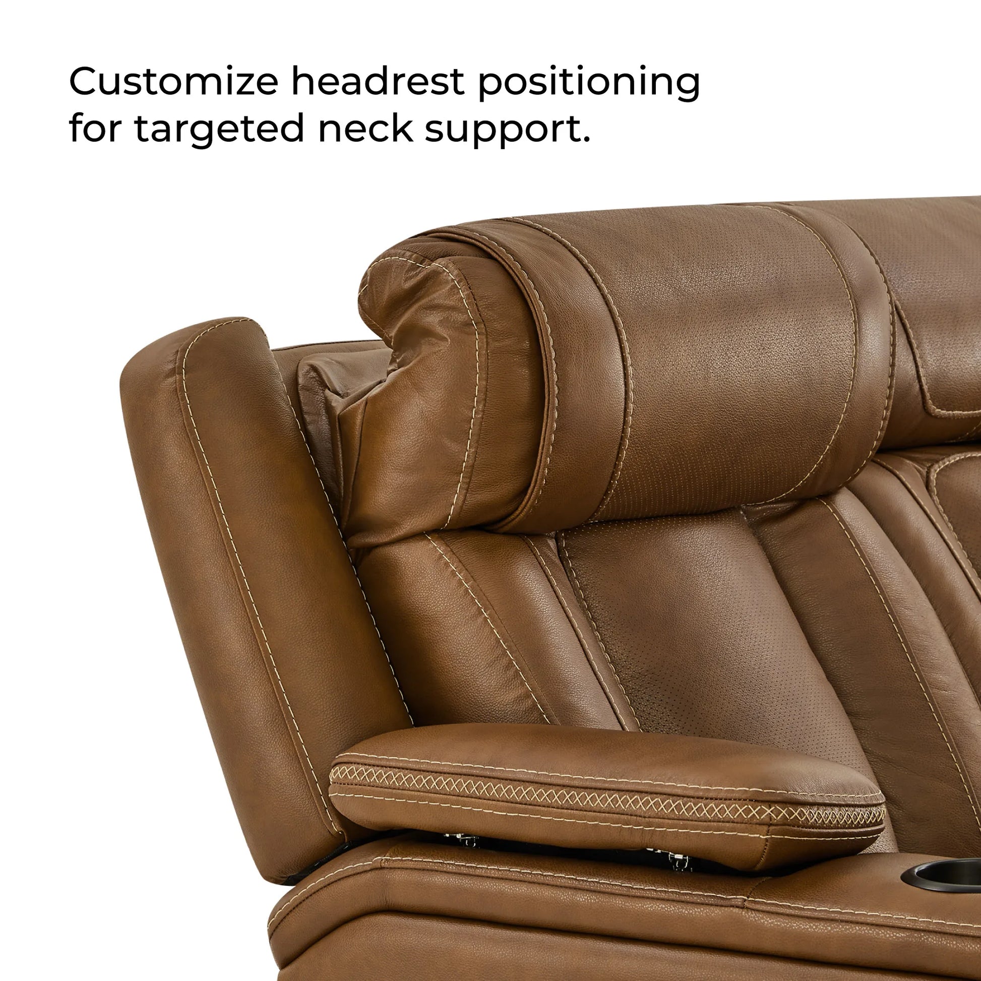 Close-up of a brown leather recliner seat showing the headrest area with text reading 'Customize headrest positioning for targeted neck support.' on a white background.