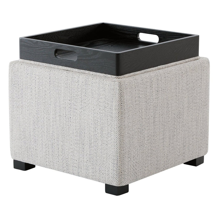 Stylish white cube ottoman with black tray on textured cream rug, ideal for modern decor - CHITA Living