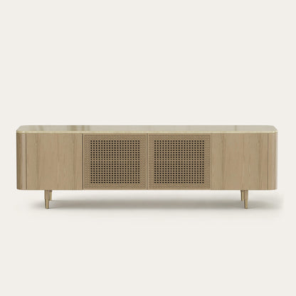 79" Renee Scandinavian Travertine Marble TV Stand with Woven Rattan