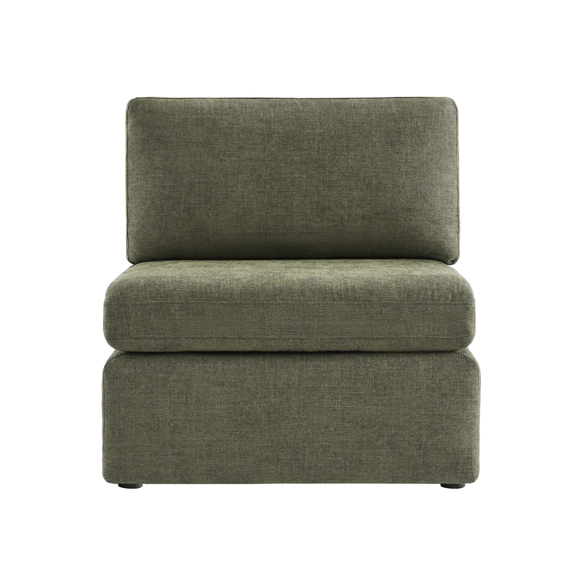 Front view of Delaney modular armless chair in soft green fabric with plush cushions - CHITA Living