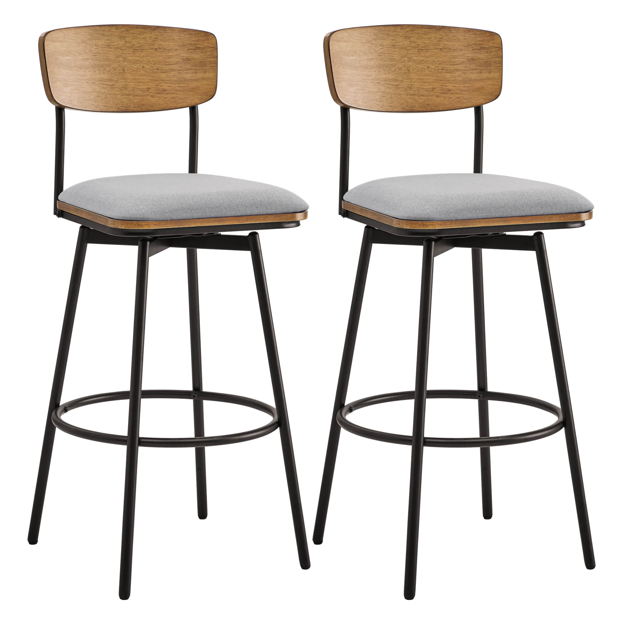 Aislinn swivel bar stools with gray seats and wooden backrests at a modern kitchen island - CHITA Living