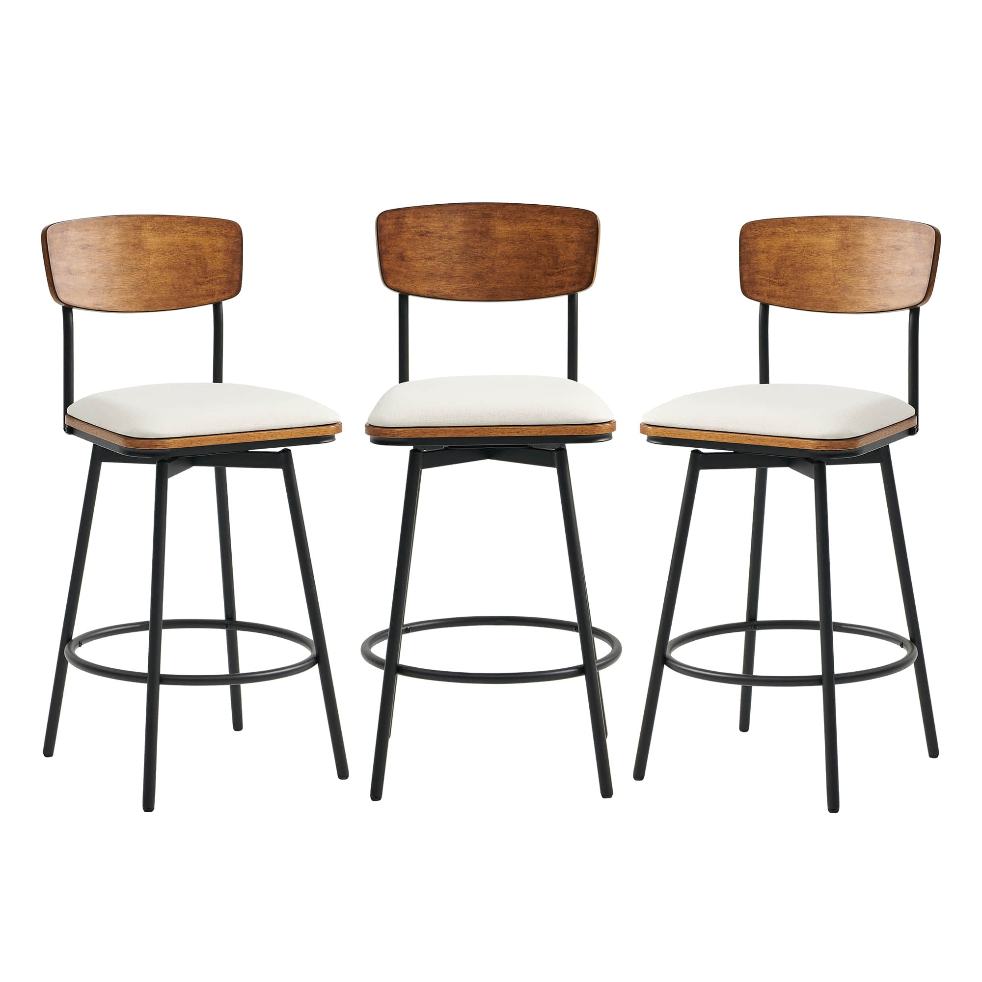 Set of three Aislinn swivel bar stools with cream seats and wood backs in modern kitchen - CHITA Living