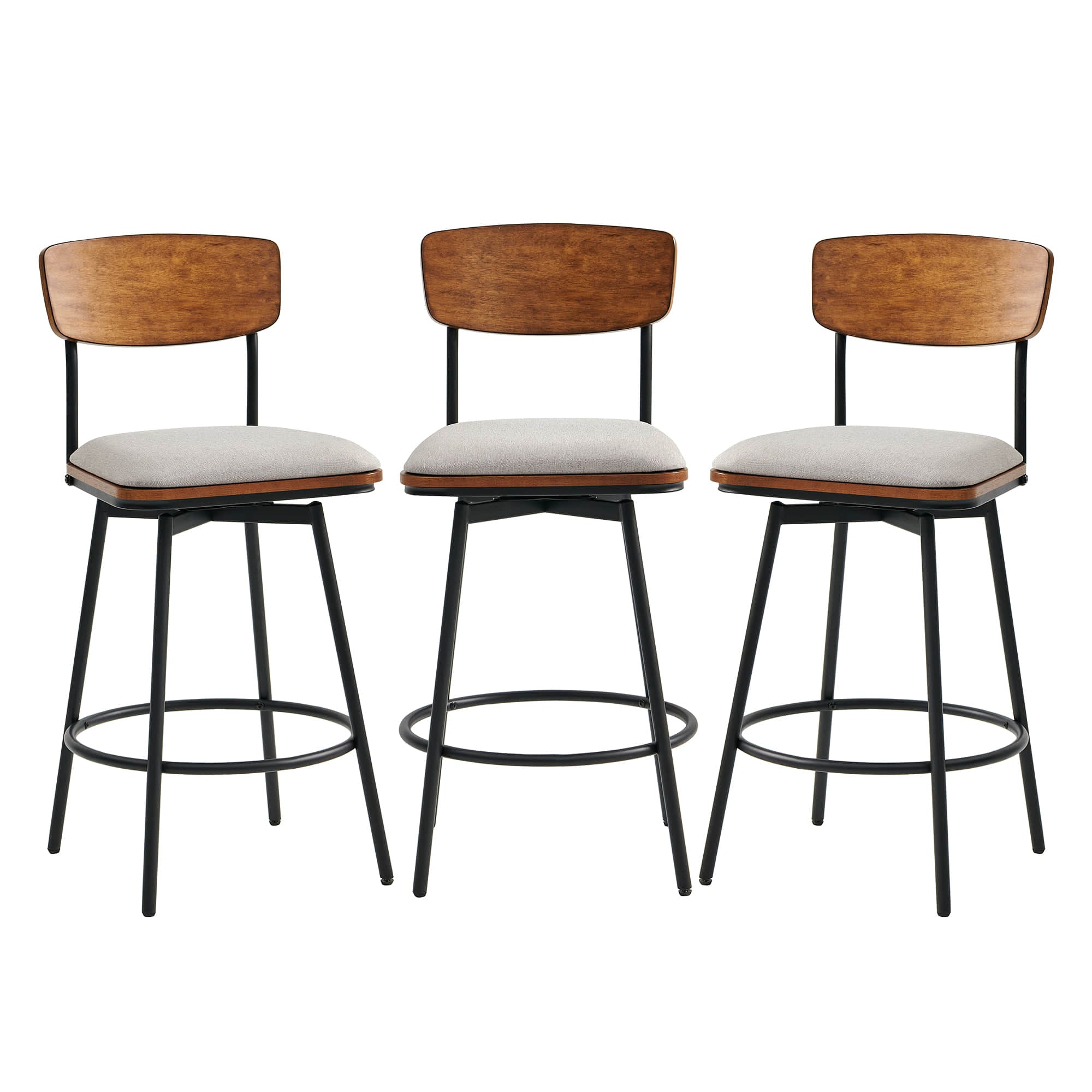 Set of three Aislinn swivel bar stools with wood backs and gray cushions in contemporary kitchen - CHITA Living