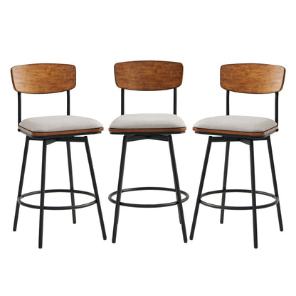 Set of three Aislinn swivel bar stools with wood backs and gray cushions in contemporary kitchen - CHITA Living