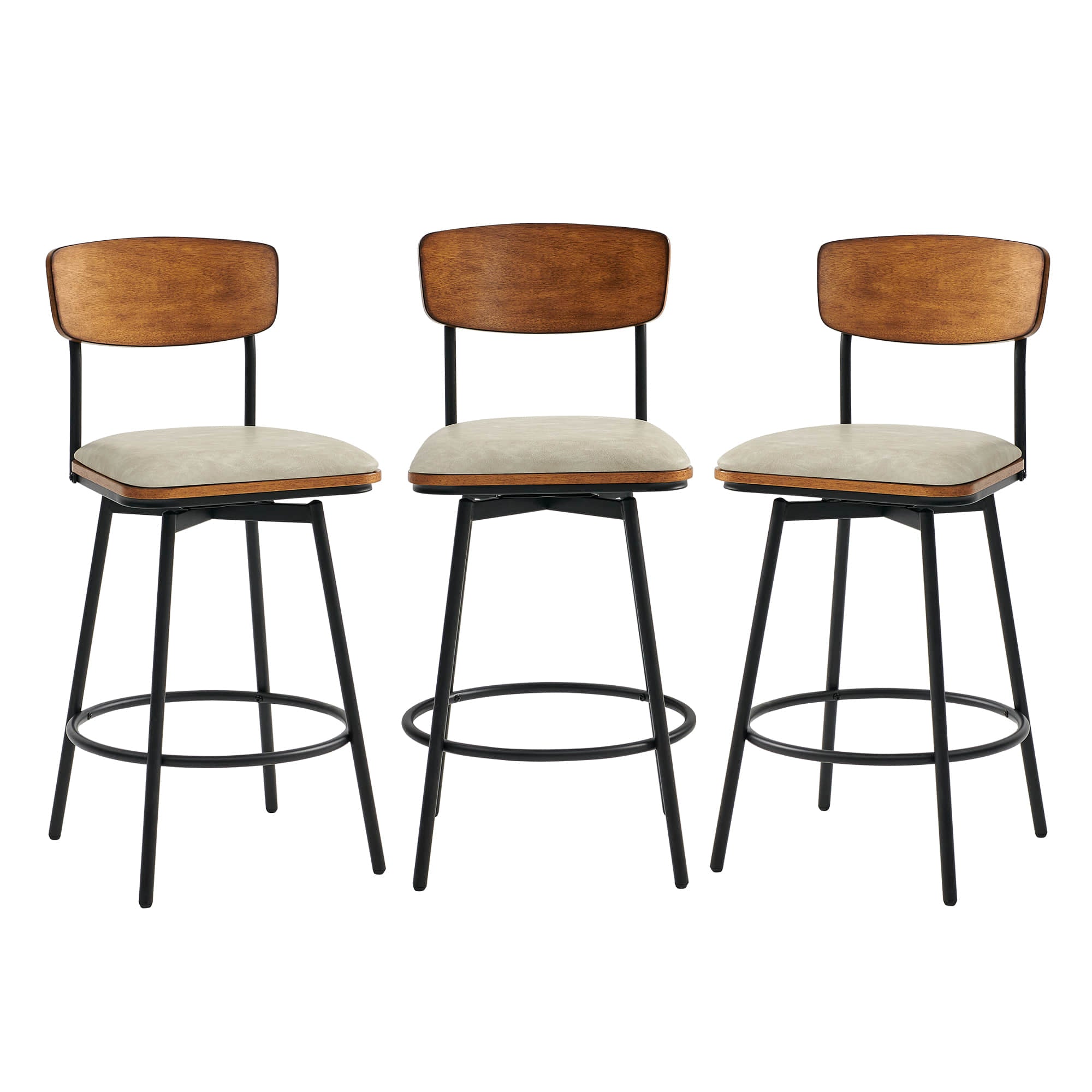 Set of three Aislinn swivel bar stools with wood backs and gray cushions in modern design - CHITA Living