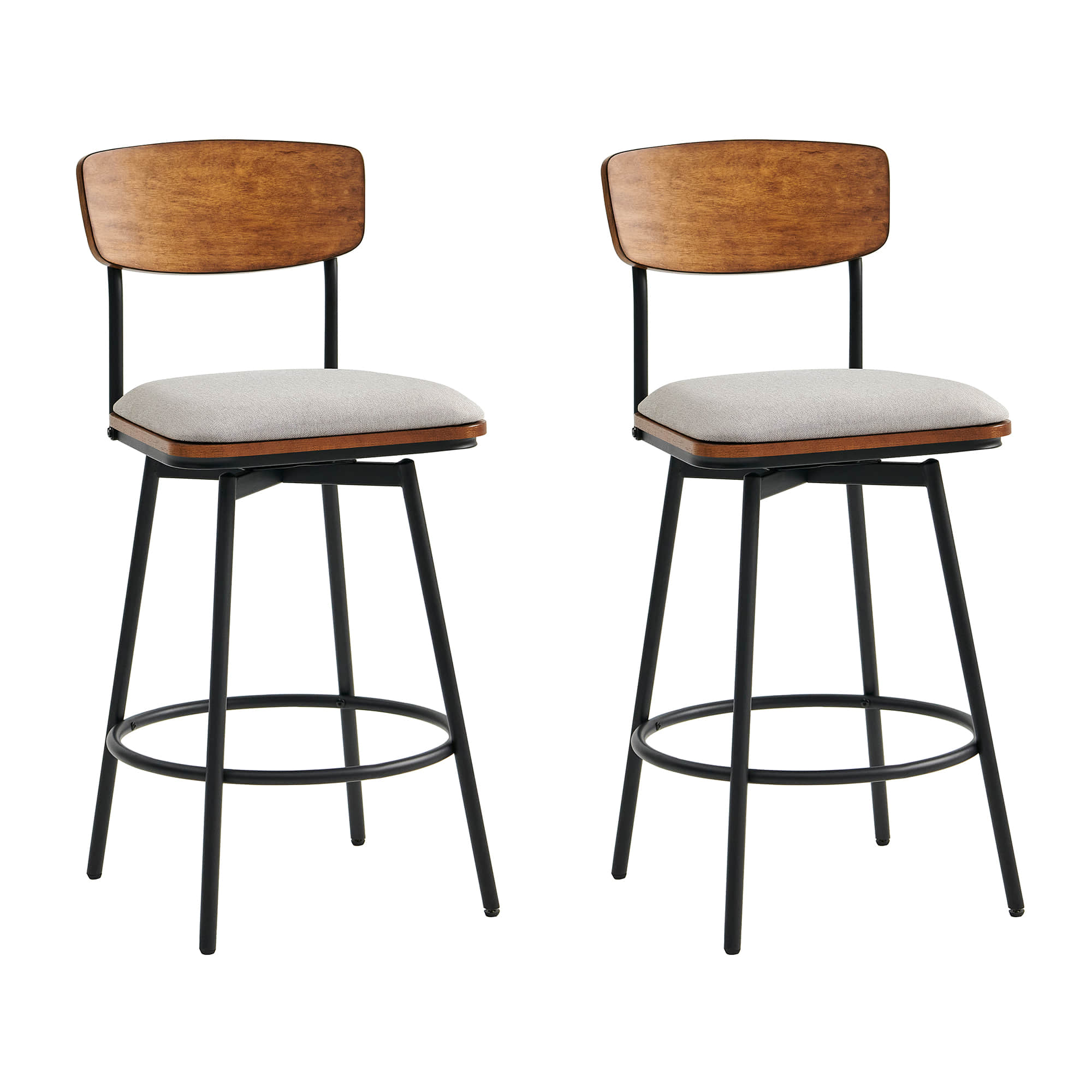 Set of two Aislinn swivel bar stools with gray cushions and wooden backrests - CHITA Living