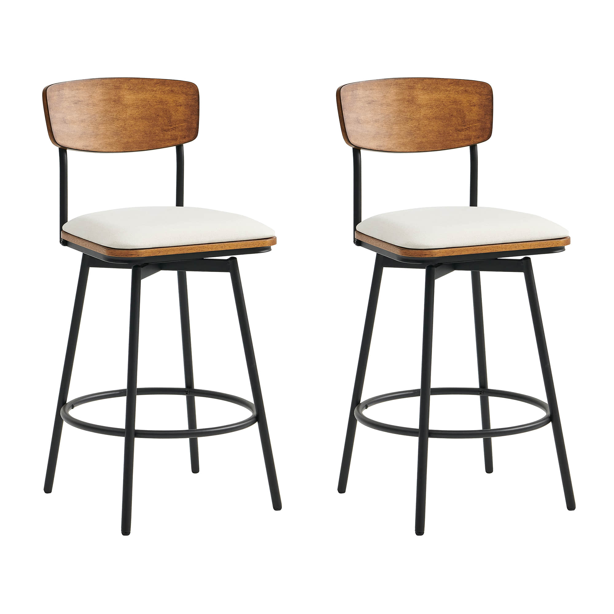 Set of two Aislinn swivel bar stools with wooden backs and white seats in modern kitchen - CHITA Living