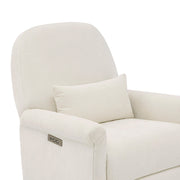 Aurora Power Swivel Nursery Glider Recliner, beige, close-up of backrest with cushion and control panel.