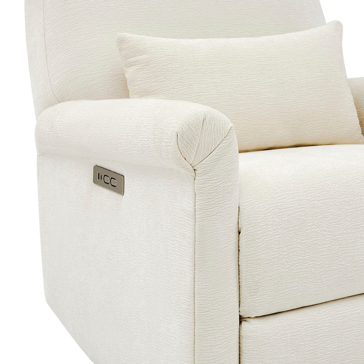 Aurora Power Swivel Nursery Glider Recliner, beige, close-up of armrest with control panel and cushion.