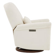Aurora Power Swivel Nursery Glider Recliner, beige, side view with control panel on armrest.