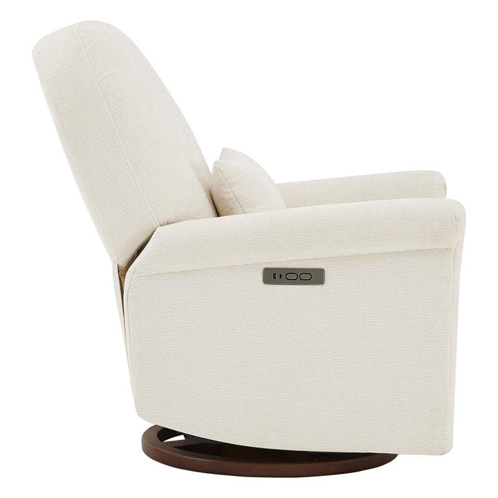 Aurora Power Swivel Nursery Glider Recliner, beige, side view with control panel on armrest.