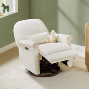 Aurora Power Swivel Nursery Glider Recliner, beige, in a nursery with a stuffed sheep and natural light.
