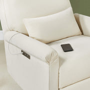 Aurora Power Swivel Nursery Glider Recliner, beige, close-up of armrest with USB port and charging phone.