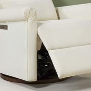 Aurora Power Swivel Nursery Glider Recliner, beige, close-up of reclined position with control panel.