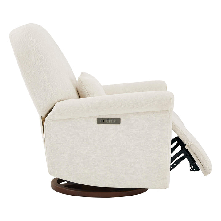 Aurora Power Swivel Nursery Glider Recliner, beige, side view with reclined position and control panel.