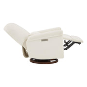Aurora Power Swivel Nursery Glider Recliner, beige, side view with reclined position and control panel.