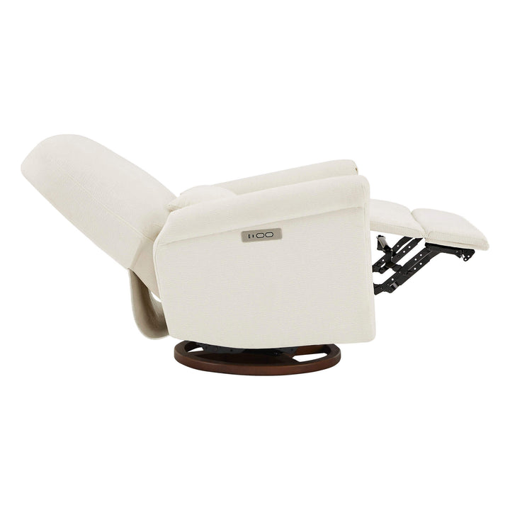 Aurora Power Swivel Nursery Glider Recliner, beige, side view with reclined position and control panel.