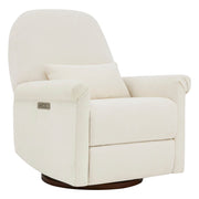 Aurora Power Swivel Nursery Glider Recliner, beige, front view with control panel on armrest.