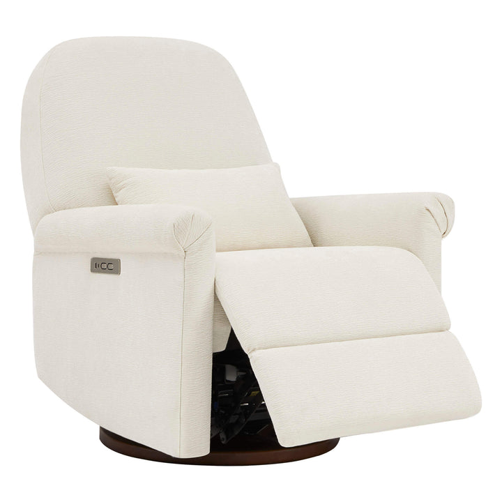 Aurora Power Swivel Nursery Glider Recliner, beige, side view with reclined position and control panel.