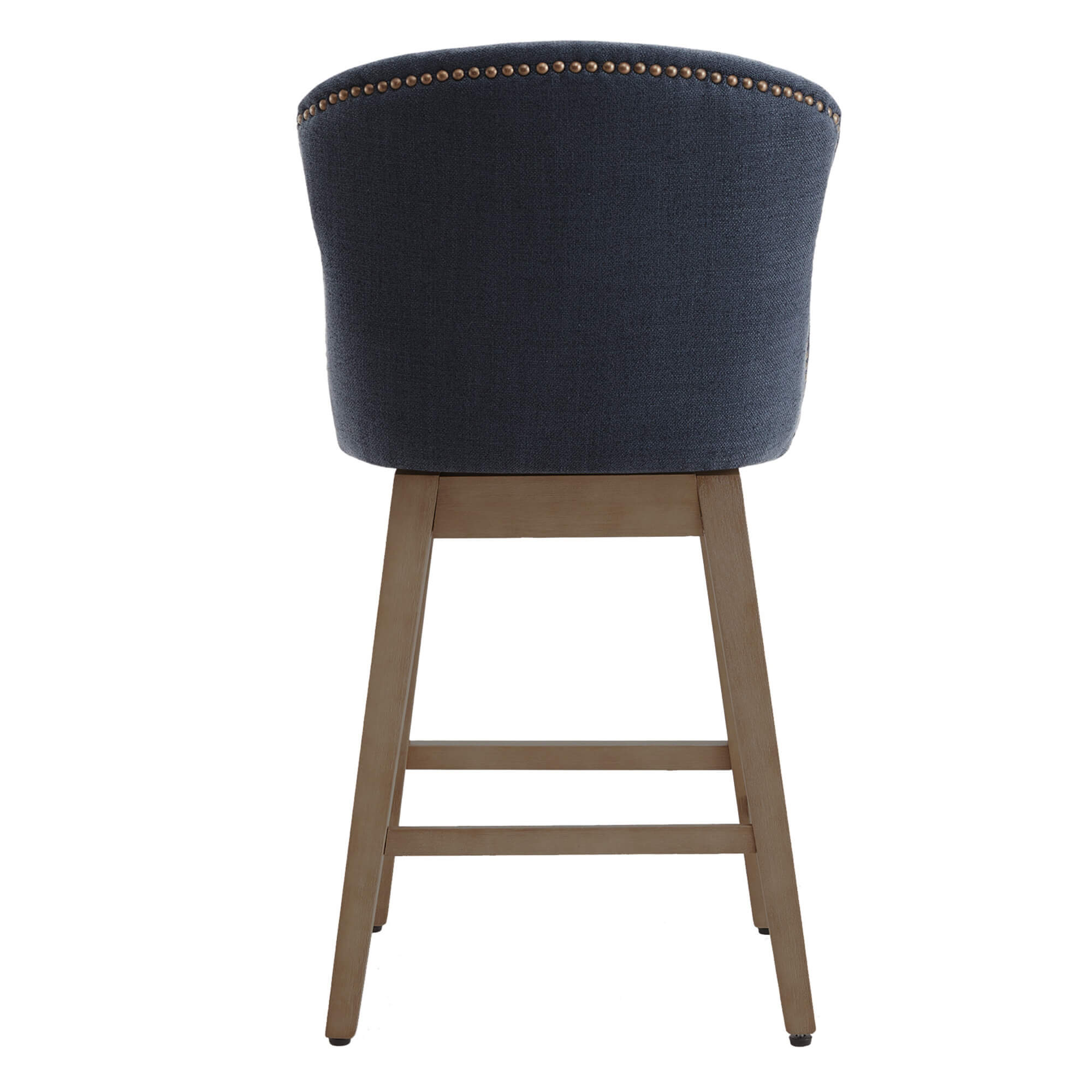 Back of Avery swivel counter stool with dark upholstery and light wood legs - CHITA Living