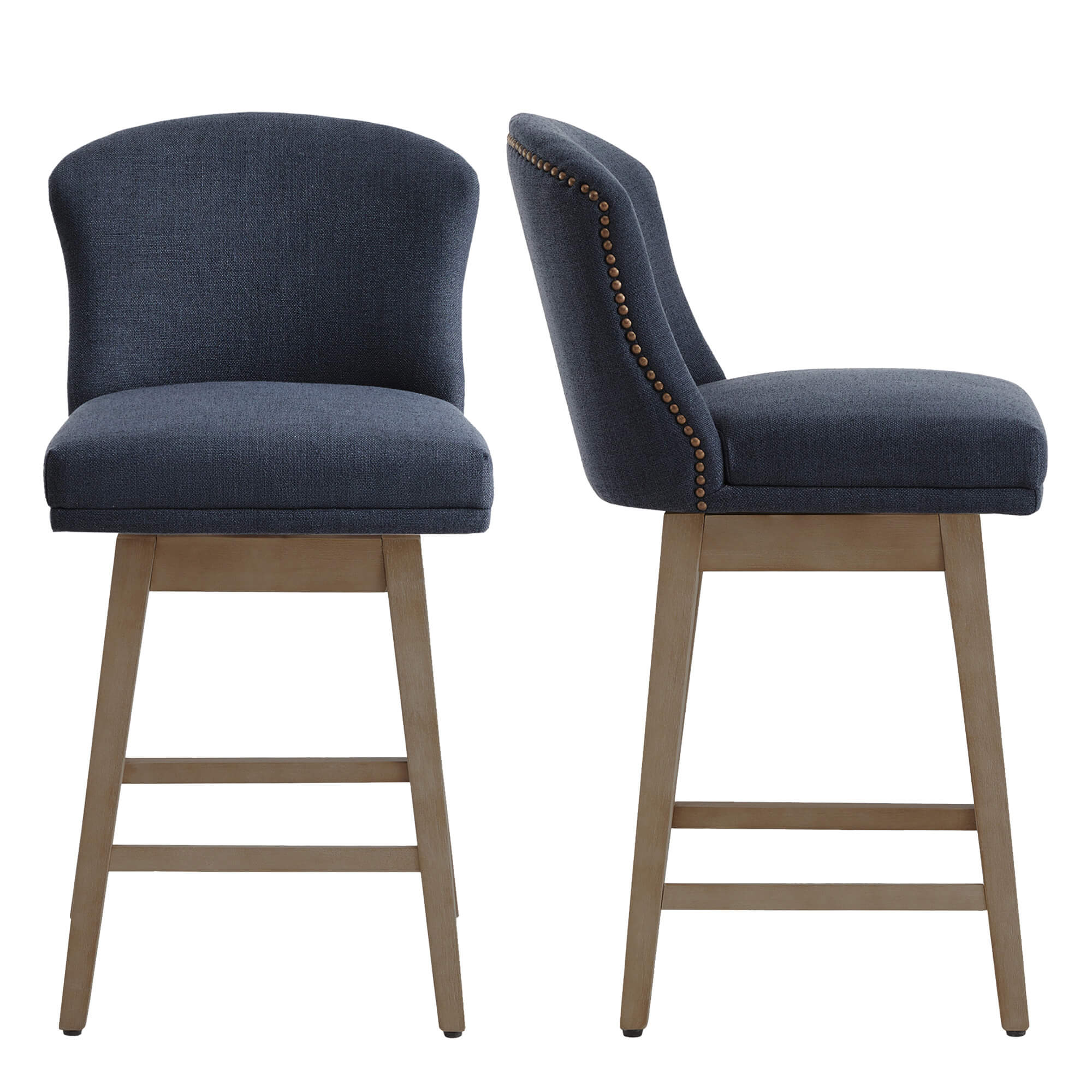 Avery swivel counter stool with dark upholstery, curved back, and light wood legs - CHITA Living