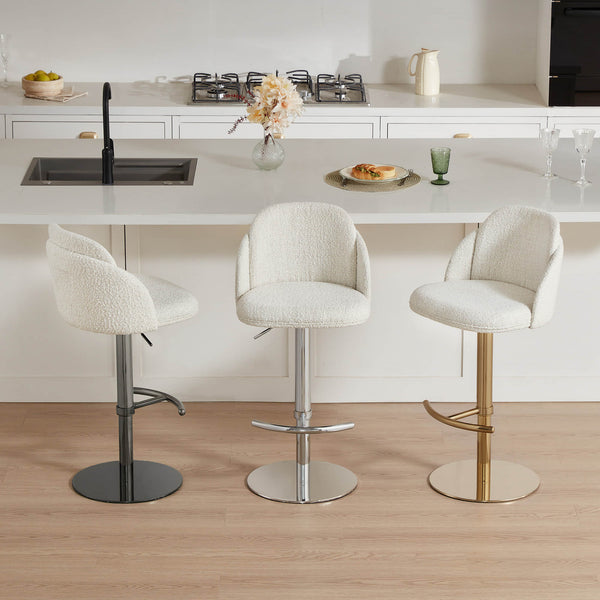 Blythe Bar Stools, boucle fabric, modern design, stainless steel/gold base, adjustable height, swivel.