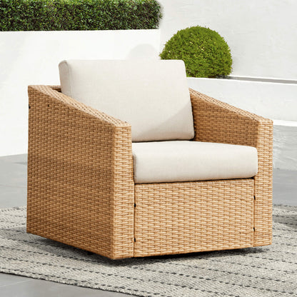 Calum Rattan outdoor swivel chair with cream cushion and textured rattan weave - CHITA Living