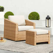 Calum Rattan outdoor chair and ottoman with cream cushions for stylish relaxation - CHITA Living