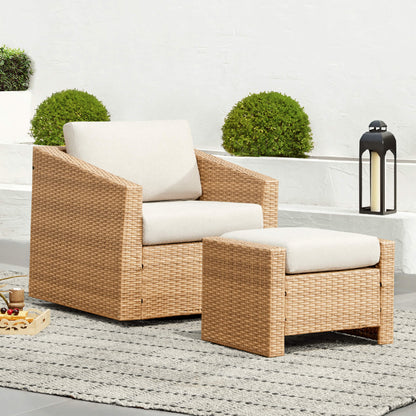 Calum Rattan outdoor chair and ottoman with cream cushions for stylish relaxation - CHITA Living