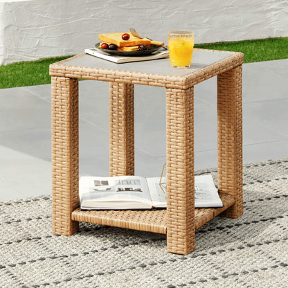 Calum Rattan Outdoor Side Table with woven rattan and glass top, ideal for patio decor - CHITA Living
