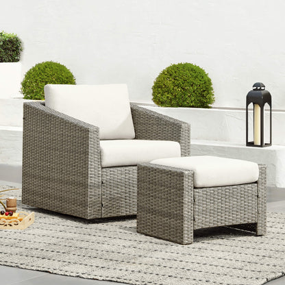 Calum Rattan outdoor chair and ottoman with cream cushions for stylish relaxation - CHITA Living