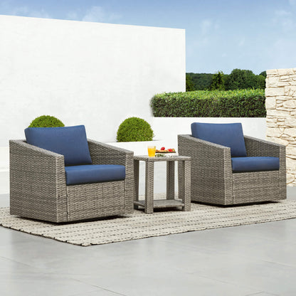 Contemporary rattan outdoor seating set with blue cushions for stylish patio lounging - CHITA Living
