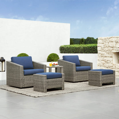 Calum Rattan outdoor 5-piece patio set with navy cushions for stylish relaxation - CHITA Living