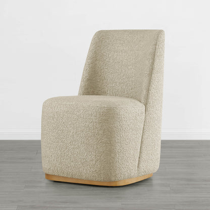 Beige textured dining chair with a curved wooden base in a minimalist room - CHITA Living