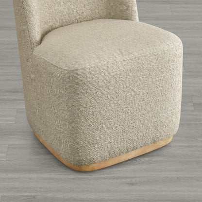 Beige textured wingback chair with curved wooden base in modern interior - CHITA Living