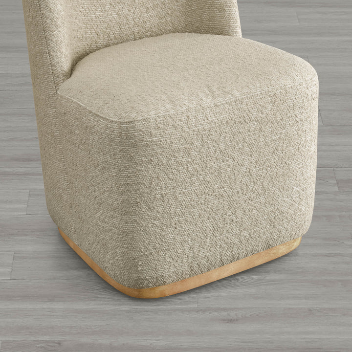 Beige textured wingback chair with curved wooden base in modern interior - CHITA Living